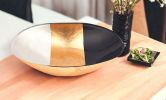 12" Gold Black and White Oval Glass Serving Bowl