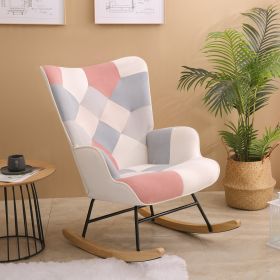 Rocking Chair, Mid Century Fabric Rocker Chair with Wood Legs and Patchwork Linen for Livingroom Bedroom