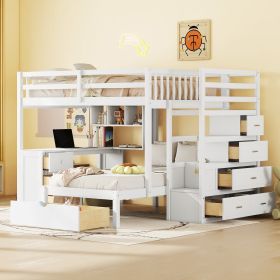 Full Over Twin Bunk Bed with Desk, Drawers and Shelves, White