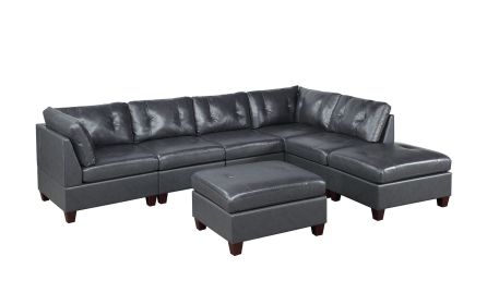 Contemporary Genuine Leather Black Tufted 7pc Modular Sectional Set 2x Corner Wedge 3x Armless Chair 2x Ottoman Living Room Furniture Sofa Couch