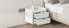 Wooden Nightstand with 2 Drawers and Marbling Worktop, Mordern Wood Bedside Table with Metal Legs&Handles,White