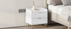 Wooden Nightstand with 2 Drawers and Marbling Worktop, Mordern Wood Bedside Table with Metal Legs&Handles,White