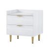 Wooden Nightstand with 2 Drawers and Marbling Worktop, Mordern Wood Bedside Table with Metal Legs&Handles,White