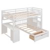 Full Over Twin Bunk Bed with Desk, Drawers and Shelves, White