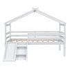 Twin Low Loft House Bed with Slide, Ladder, Safety Guardrails, House Roof Frame,White