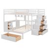 Full Over Twin Bunk Bed with Desk, Drawers and Shelves, White