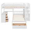 Full Over Twin Bunk Bed with Desk, Drawers and Shelves, White