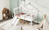 Twin Low Loft House Bed with Slide, Ladder, Safety Guardrails, House Roof Frame,White