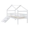 Twin Low Loft House Bed with Slide, Ladder, Safety Guardrails, House Roof Frame,White