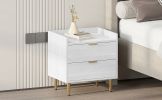 Wooden Nightstand with 2 Drawers and Marbling Worktop, Mordern Wood Bedside Table with Metal Legs&Handles,White