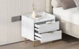 Wooden Nightstand with 2 Drawers and Marbling Worktop, Mordern Wood Bedside Table with Metal Legs&Handles,White