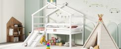 Twin Low Loft House Bed with Slide, Ladder, Safety Guardrails, House Roof Frame,White