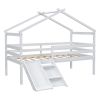 Twin Low Loft House Bed with Slide, Ladder, Safety Guardrails, House Roof Frame,White