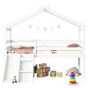 Twin Low Loft House Bed with Slide, Ladder, Safety Guardrails, House Roof Frame,White