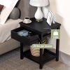 Nightstand, End Table with Open Shelf, Side Table with Drawer and Storage Shelf, Bedside Bamboo Table for Small Spaces, Living Room, Bedroom (Black)