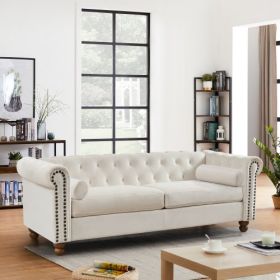 Classic Traditional Living Room Upholstered Sofa with high-tech Fabric Surface/ Chesterfield Tufted Fabric Sofa Couch (Color: White, Material: High Tech Fabric)