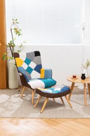 Modern Patchwork Accent Chair with Solid Wood Armrest and Feet, Mid-Century Modern Accent Sofa, Fabric Sofa Chair for Living Room Bedroom Studio, Comf (Color: Blue+Multicolor+Footrest, Material: Cotton Linen)